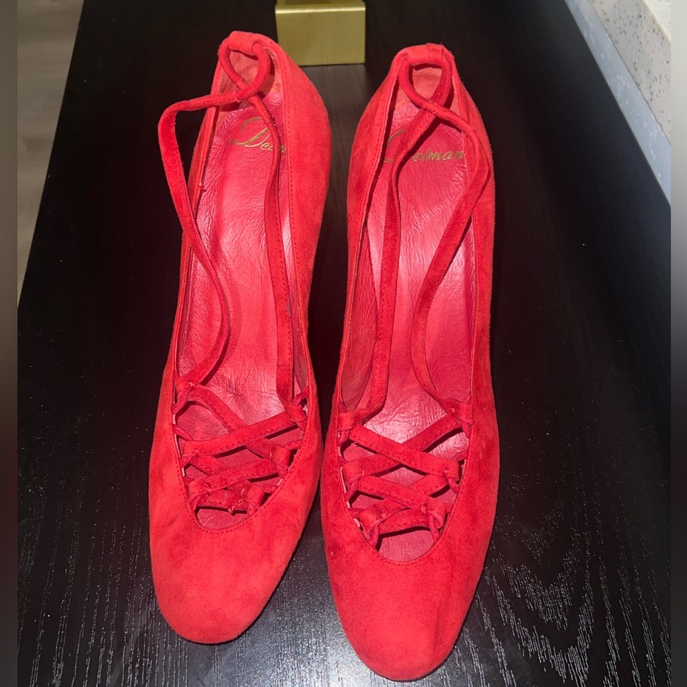 Delman red suede strap heels